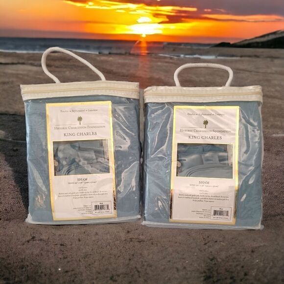 Historic Charleston Foundation King  Charles Shams Set Of 2 NEW Blue Textured. - Picture 15 of 16